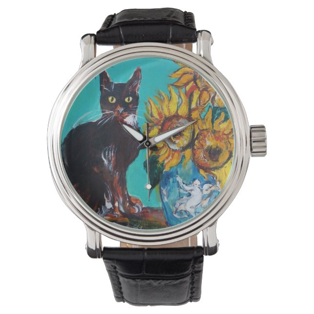 Montre SOUFFLE AVEC CHAT NOIR Jaune Turquoise Bleu (devant)