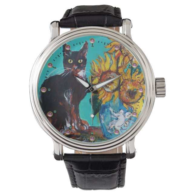 Montre SOUFFLE AVEC CHAT NOIR Jaune Turquoise Bleu (devant)