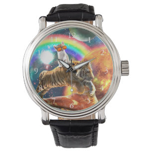 Montre Space Galaxy Cat Riding Tiger sur Pizza