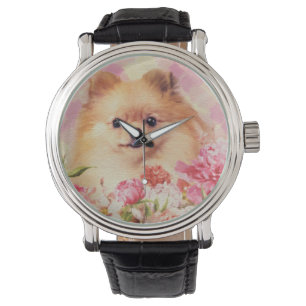 Montre Spitz allemand mignon Poméranie avec fleurs