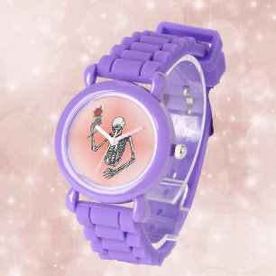 Montre Squelette gothique tenant une seule rose rouge