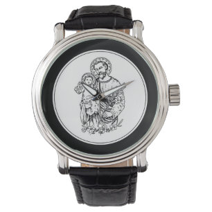 Montre St. Joseph Priez pour Nous Noir, Blanc, Catholiqu
