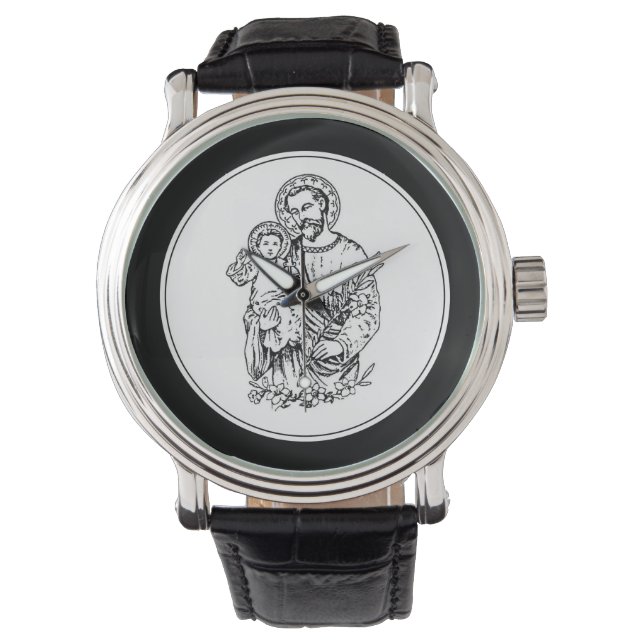 Montre St. Joseph Priez pour Nous Noir,  Blanc, Catholiqu (devant)
