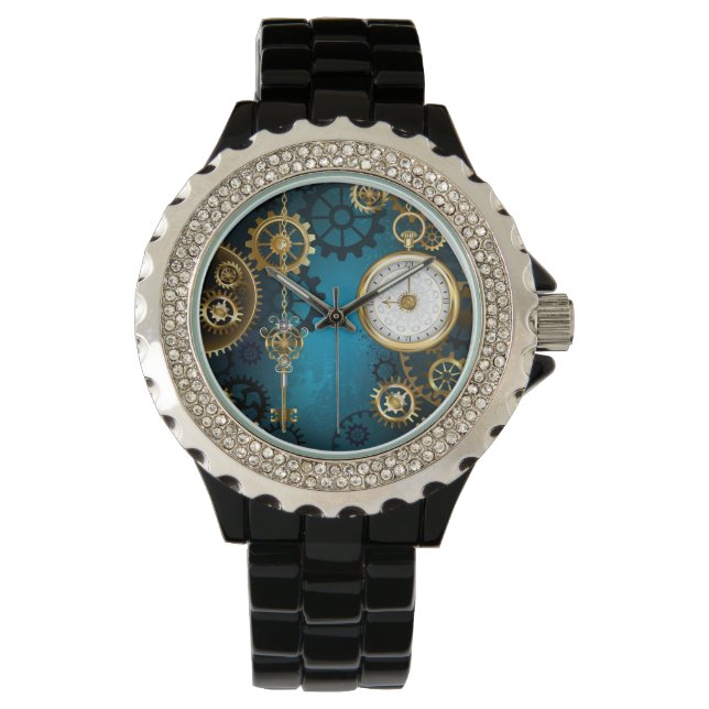 Montre Steampunk Arrière - plan turquoise avec Gears (devant)
