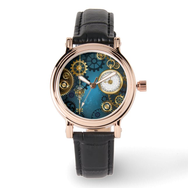 Montre Steampunk Arrière - plan turquoise avec Gears (Recto)