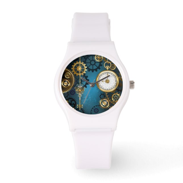 Montre Steampunk Arrière - plan turquoise avec Gears (Recto)