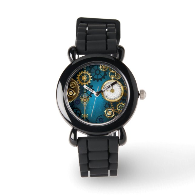 Montre Steampunk Arrière - plan turquoise avec Gears (Recto)