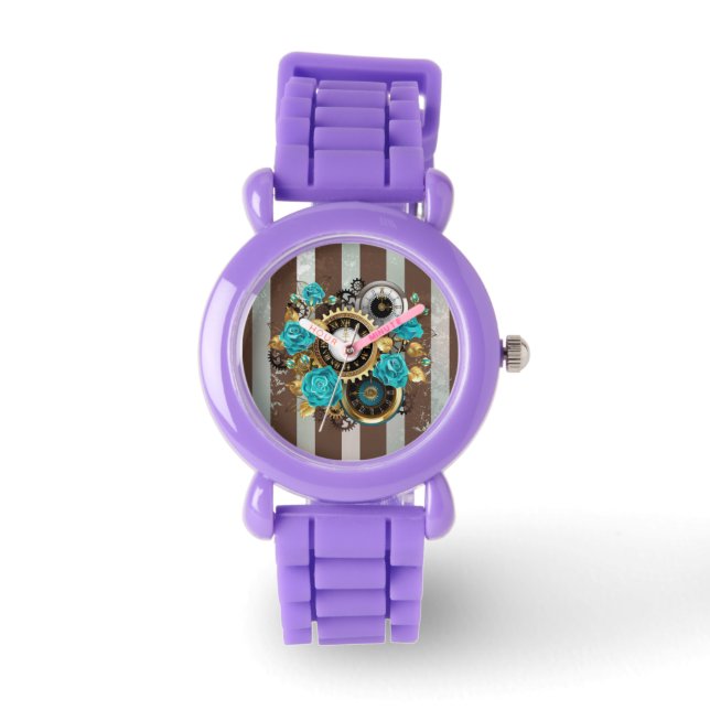 Montre Steampunk Clock and Turquoise Roses on Striped (Recto)