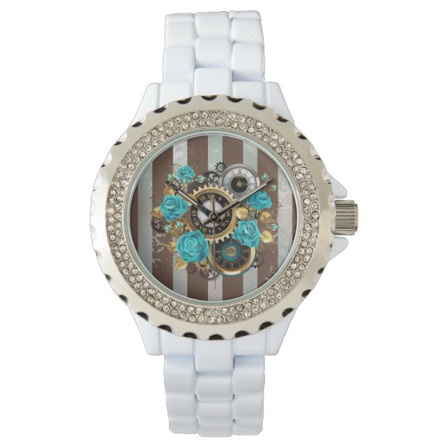 Montre Steampunk Clock and Turquoise Roses on Striped (devant)