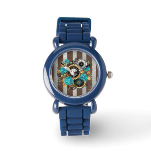 Montre Steampunk Clock and Turquoise Roses on Striped