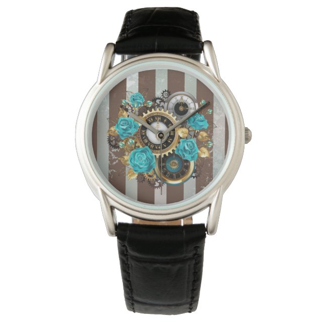 Montre Steampunk Clock and Turquoise Roses on Striped (devant)
