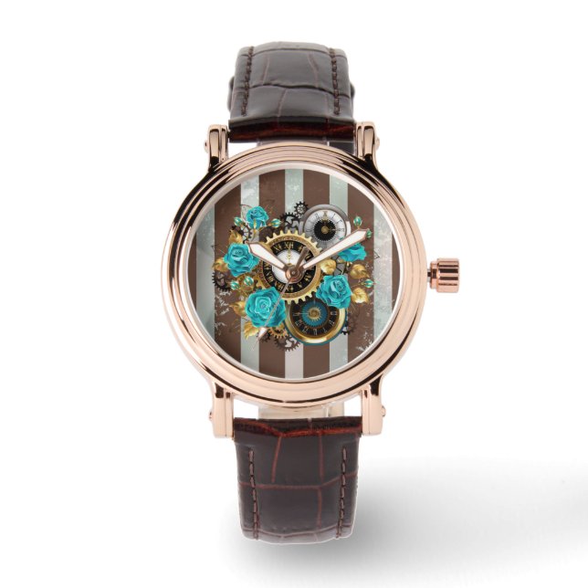 Montre Steampunk Clock and Turquoise Roses on Striped (Recto)