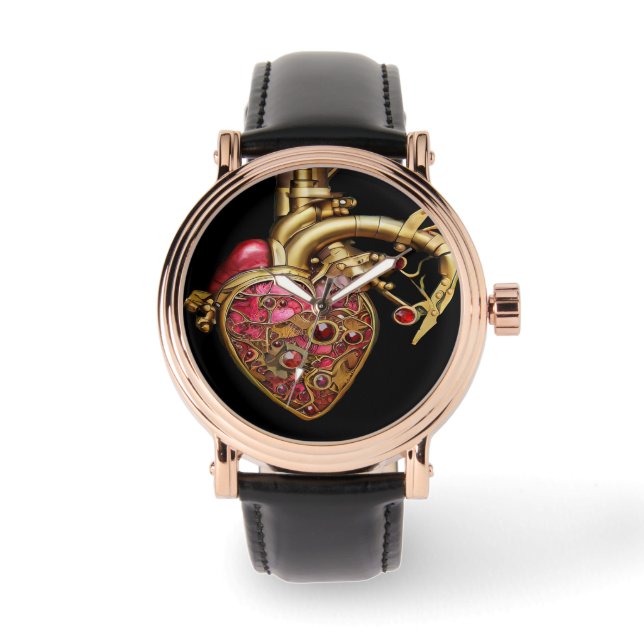 Montre Steampunk Coeur Anatomique rubis et engrenages (Recto)