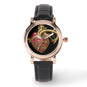 Montre Steampunk Coeur Anatomique rubis et engrenages
