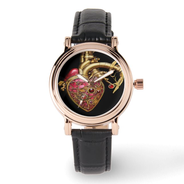 Montre Steampunk Coeur Anatomique rubis et engrenages (Recto)