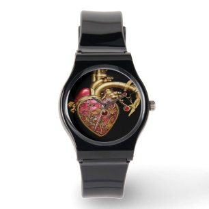 Montre Steampunk Coeur Anatomique rubis et engrenages
