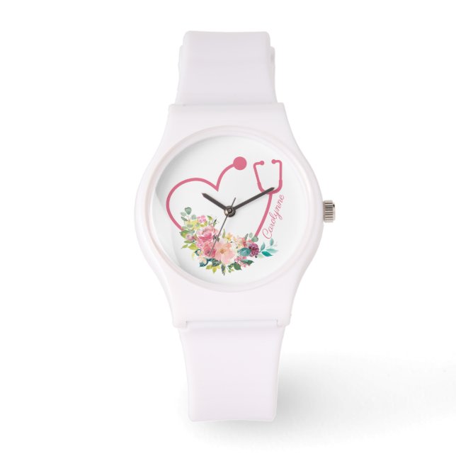 Montre Stethoscope rose Floral Coeur Infirmière Médicale  (Recto)
