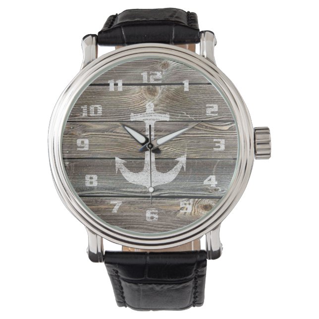 Montre Style authentique Bois Rustique Ancre nautique (devant)