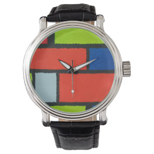 Montre Style Mondrian Orange Green Blue Fuzzy Abstrait
