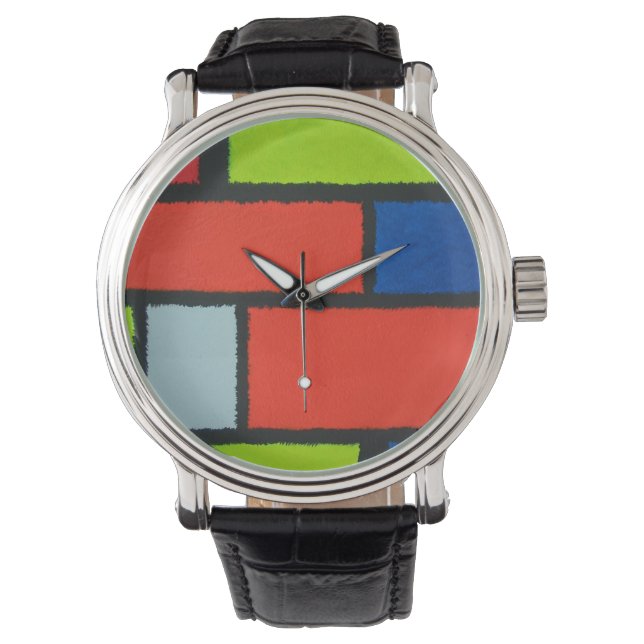 Montre Style Mondrian Orange Green Blue Fuzzy Abstrait (devant)