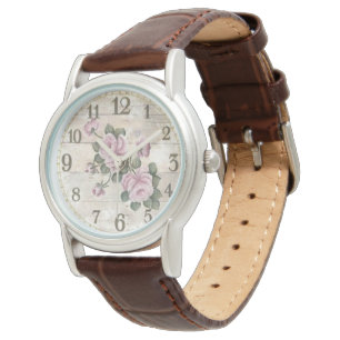 Montre Style : Montre/Fleurs en Cuir Brown pour femmes