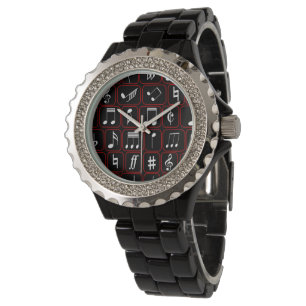 Montre Stylish red black and white geometric music notes