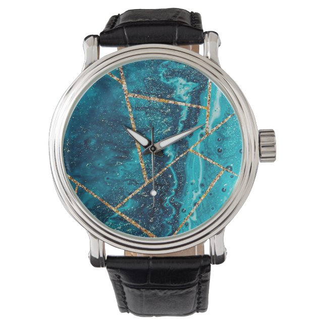 Montre Stylo Marine Blue Gold Agate Géode Chic Monogramme (devant)