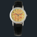 Montre Suivre Sun Summer Sun Typographie Orange<br><div class="desc">Cette conception lunette fantaisiste a une typographie peinte en orange et jaune qui dit : "Je vais suivre le soleil." Il est parfait pour les longues journées d'été sur la plage. Les numéros de montre sont minces,  de style Art déco noir. Choisissez votre propre style de montre.</div>