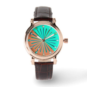 Montre Sunburst géométrique moderne, Aqua & Chocolat Brow