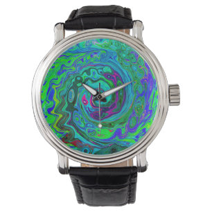 Montre Super Abstrait Retro Green et Blue Swirl