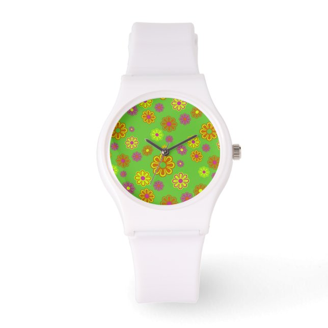 Montre Super Fleurs de Pop Mod chaux, jaune et orange (Recto)