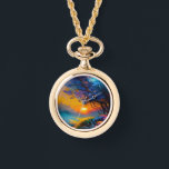 Montre Superbe lever de soleil sur l'étang<br><div class="desc">arbre à fleurs coloré bleu et violet Beau lever de soleil à l'horizon sur l'étang herbes colorées AI ART créé par minx267</div>