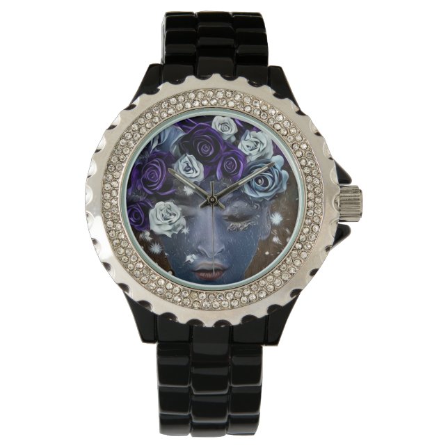 Montre Surreal Abstrait Indigo Face & Fleurs (devant)