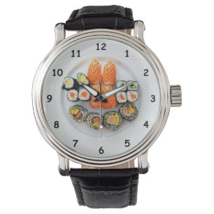 Montre Sushi cool et Saumon sur une plaque blanche