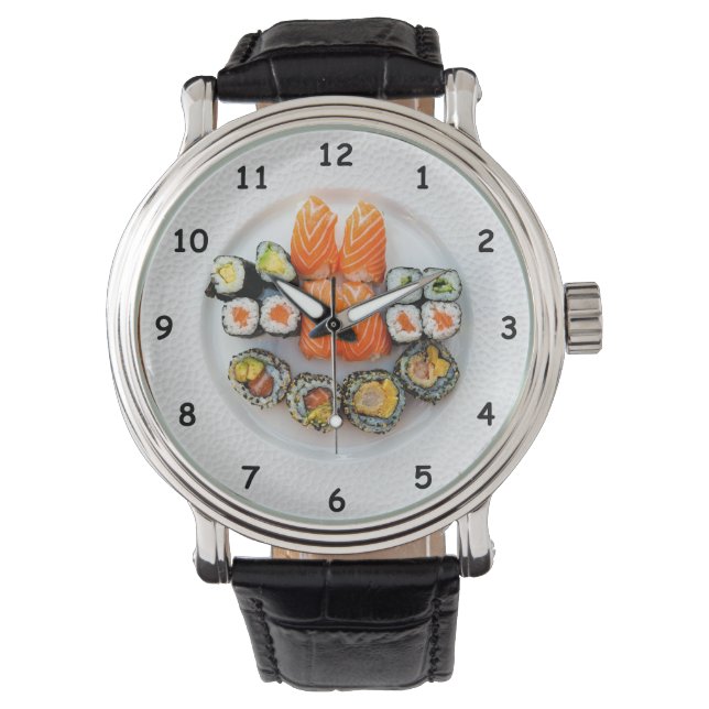 Montre Sushi cool et Saumon sur une plaque blanche (devant)