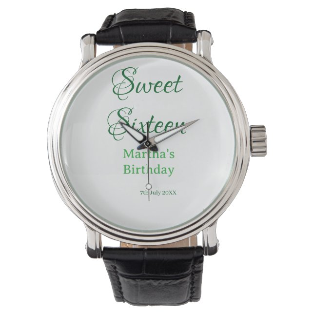 Montre Sweet Sixteen green name date calligraphy boho ret (devant)