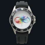 Montre Symbole d'infini avec plume arc-en-ciel<br><div class="desc">Symbole artistique à l'infini avec belle plume arc-en-ciel sur arrière - plan blanc. Style tatouage.</div>