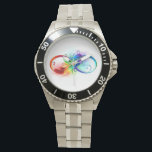 Montre Symbole d'infini avec plume arc-en-ciel<br><div class="desc">Symbole artistique à l'infini avec belle plume arc-en-ciel sur arrière - plan blanc. Style tatouage.</div>