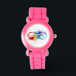 Montre Symbole d'infini avec plume arc-en-ciel<br><div class="desc">Symbole artistique à l'infini avec belle plume arc-en-ciel sur arrière - plan blanc. Style tatouage.</div>