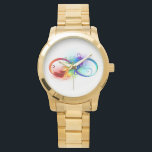Montre Symbole d'infini avec plume arc-en-ciel<br><div class="desc">Symbole artistique à l'infini avec belle plume arc-en-ciel sur arrière - plan blanc. Style tatouage.</div>