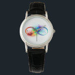 Montre Symbole d'infini avec plume arc-en-ciel<br><div class="desc">Symbole artistique à l'infini avec belle plume arc-en-ciel sur arrière - plan blanc. Style tatouage.</div>