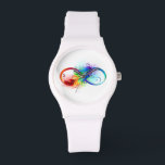 Montre Symbole d'infini avec plume arc-en-ciel<br><div class="desc">Symbole artistique à l'infini avec belle plume arc-en-ciel sur arrière - plan blanc. Style tatouage.</div>
