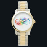 Montre Symbole d'infini avec plume arc-en-ciel<br><div class="desc">Symbole artistique à l'infini avec belle plume arc-en-ciel sur arrière - plan blanc. Style tatouage.</div>