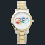 Montre Symbole d'infini avec plume arc-en-ciel<br><div class="desc">Symbole artistique à l'infini avec belle plume arc-en-ciel sur arrière - plan blanc. Style tatouage.</div>