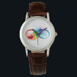 Montre Symbole d'infini avec plume arc-en-ciel<br><div class="desc">Symbole artistique à l'infini avec belle plume arc-en-ciel sur arrière - plan blanc. Style tatouage.</div>