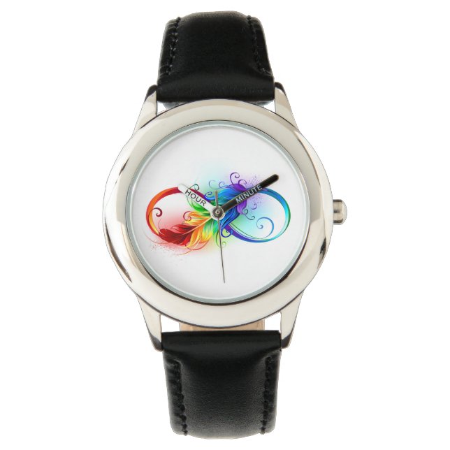 Montre Symbole d'infini avec plume arc-en-ciel (devant)