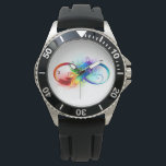 Montre Symbole d'infini avec plume arc-en-ciel<br><div class="desc">Symbole artistique à l'infini avec belle plume arc-en-ciel sur arrière - plan blanc. Style tatouage.</div>