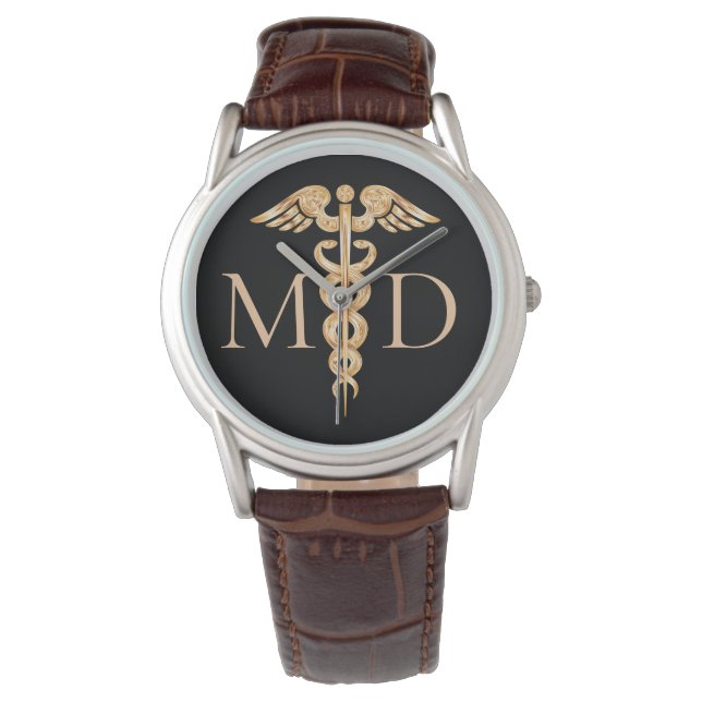 Montre Symbole du docteur Caduceus Noir Cuir Brown (devant)