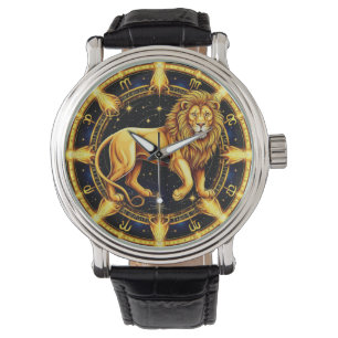 Montre Symbole du Lion du Zodiaque sur Fond Céleste Étoil