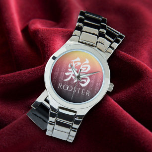 Montre Symbole lunaire du Zodiac chinois 鶏 rouge or rouge